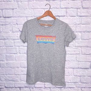 Levi's Small S Heather Gray 100% Cotton Rainbow Stripe Logo‎ Graphic Tee T-Shirt